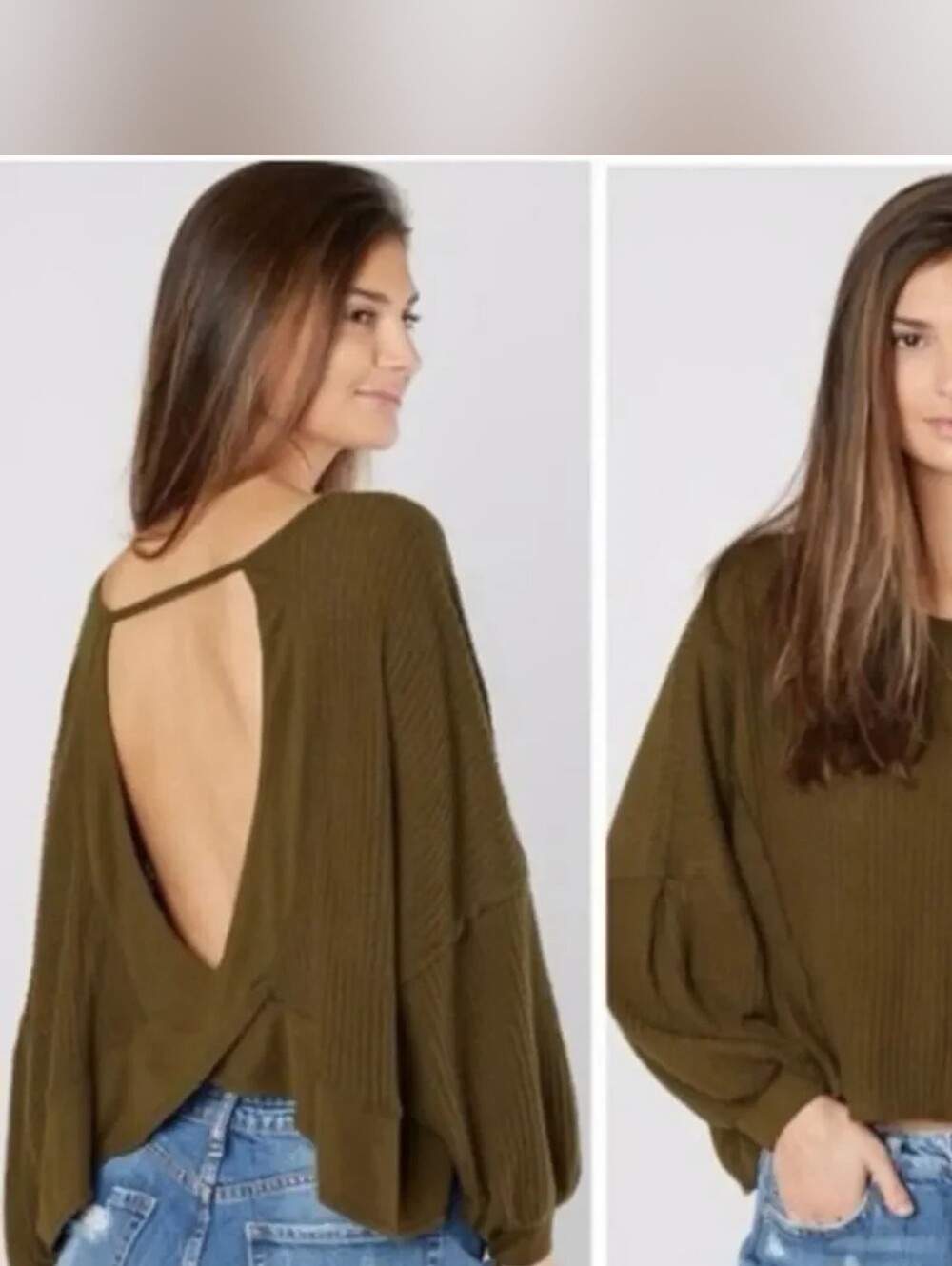 We The Free Large "Love Me" Open Back Waffle Knit Thermal Top - Tobacco Olive